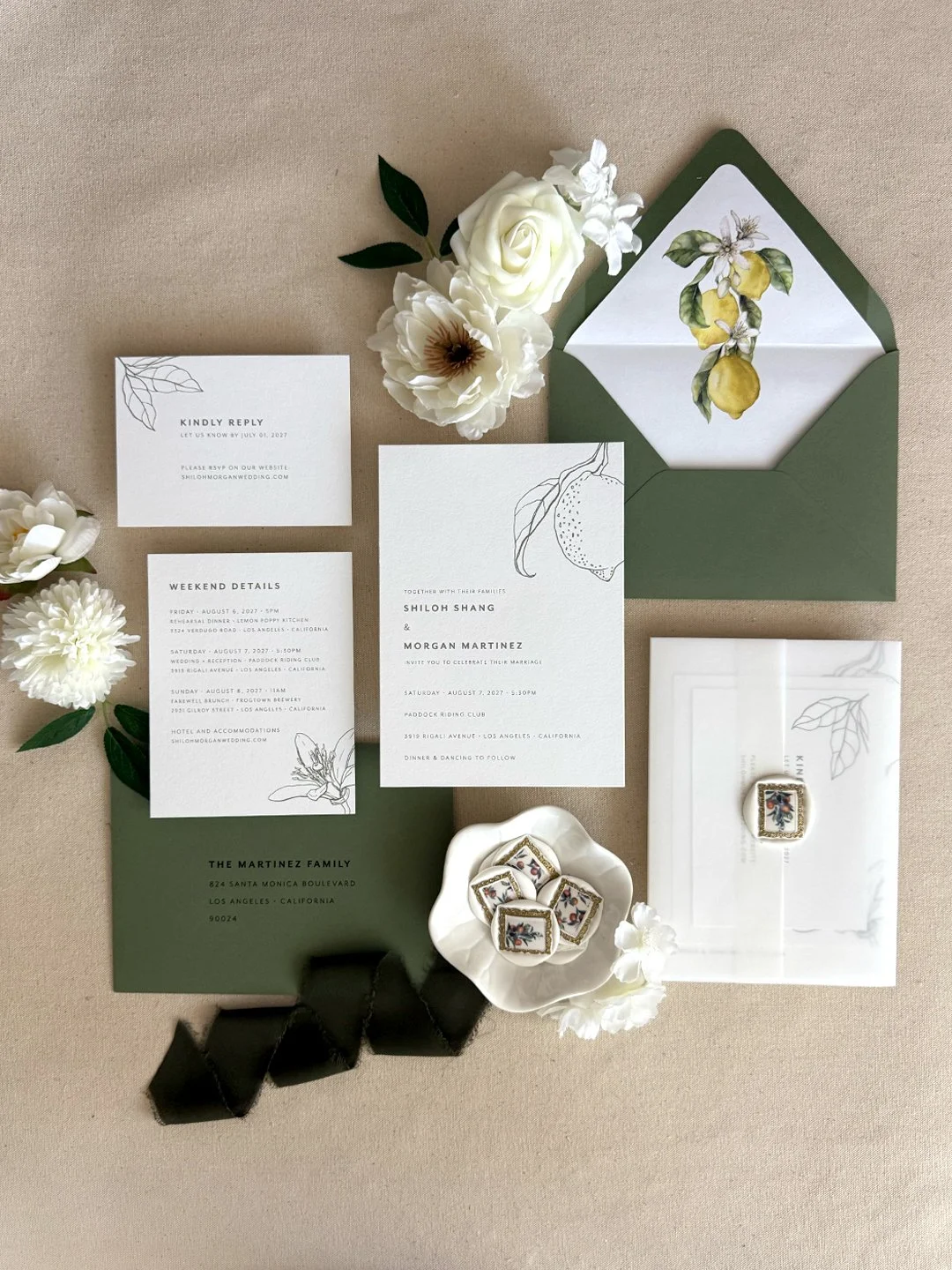 wedding invitation package with vellum wrap-custom wax seal-envelope liner_digital-letterpress-foil stamp printing_lemon illustrations_Lemony_Citrus Invitations_mid green-cotton_01.jpg