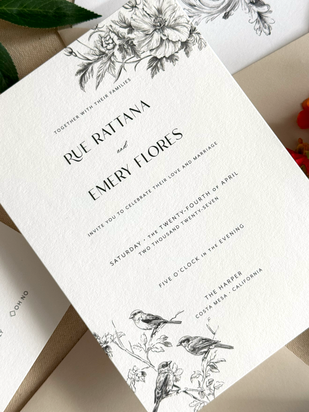 mia_ornate florals and birds wedding invitations_mist-ebony-smooth_invitation card_03.png
