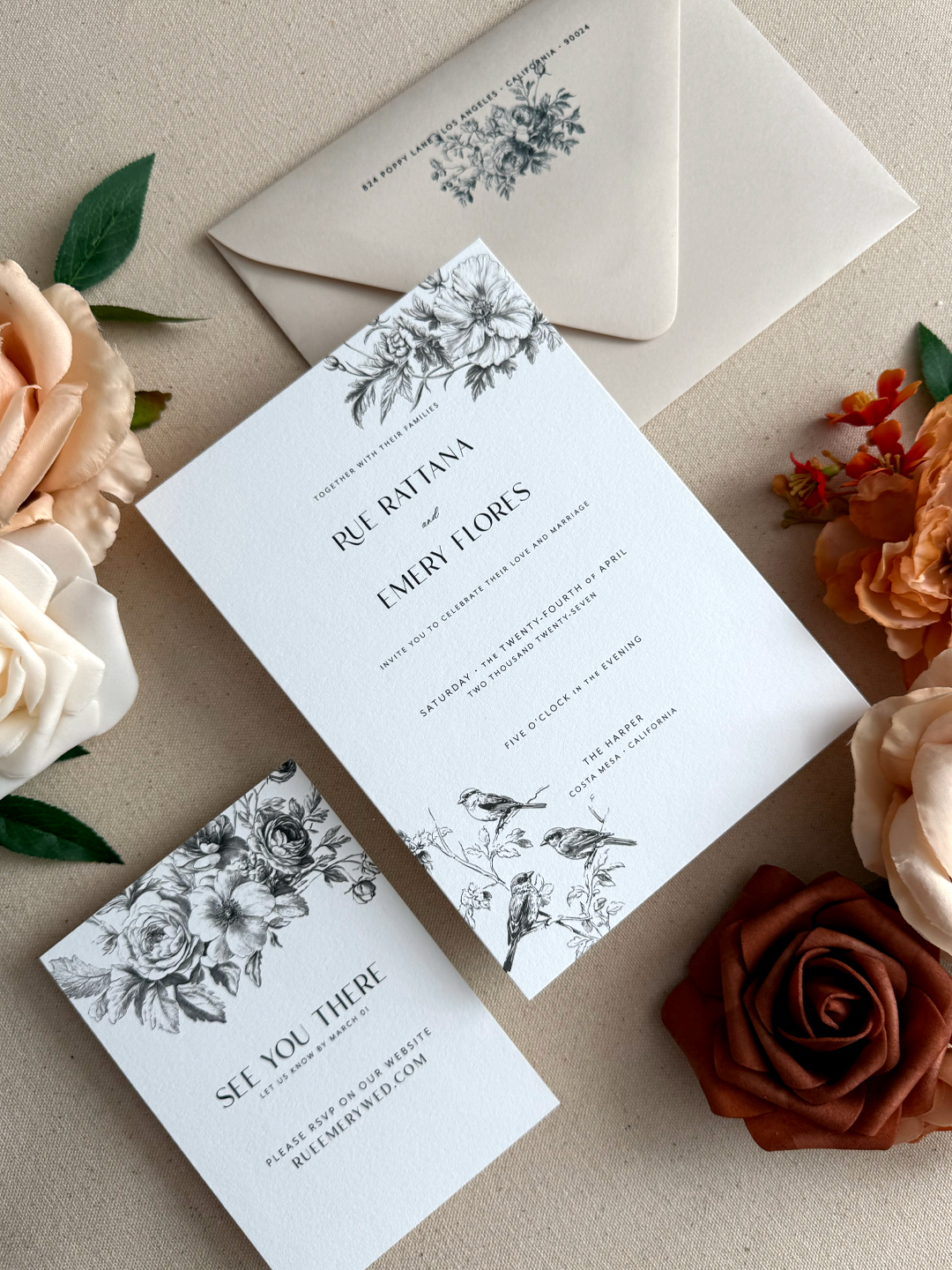 mia_ornate florals and birds wedding invitations_mist-ebony-smooth_3 piece package invitations rsvp card-black ribbon_02.png