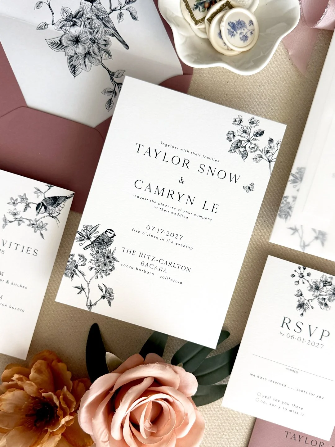 wedding invitation suite with vellum sleeve and custom wax seal-envelope liner_digital-letterpress-foil print_Ivy_Birds and Garden Invitations_rose-ebony-smooth ultra white_08.jpg