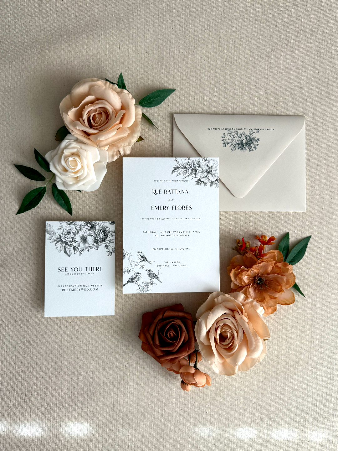 mia_ornate florals and birds wedding invitations_mist-ebony-smooth_3 piece package invitations rsvp card-black ribbon_01.png