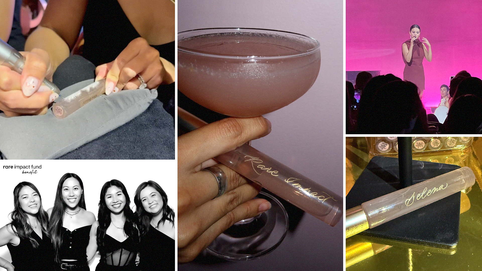 Calligraphy by Michelle T engraving team personalizing fragrances at Rare Impact Fund Benefit wtih Selena Gomez