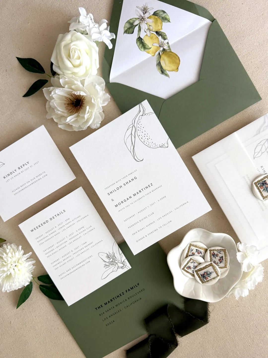 wedding invitation package with vellum wrap-custom wax seal-envelope liner_digital-letterpress-foil stamp printing_lemon illustrations_Lemony_Citrus Invitations_mid green-cotton_03.jpg