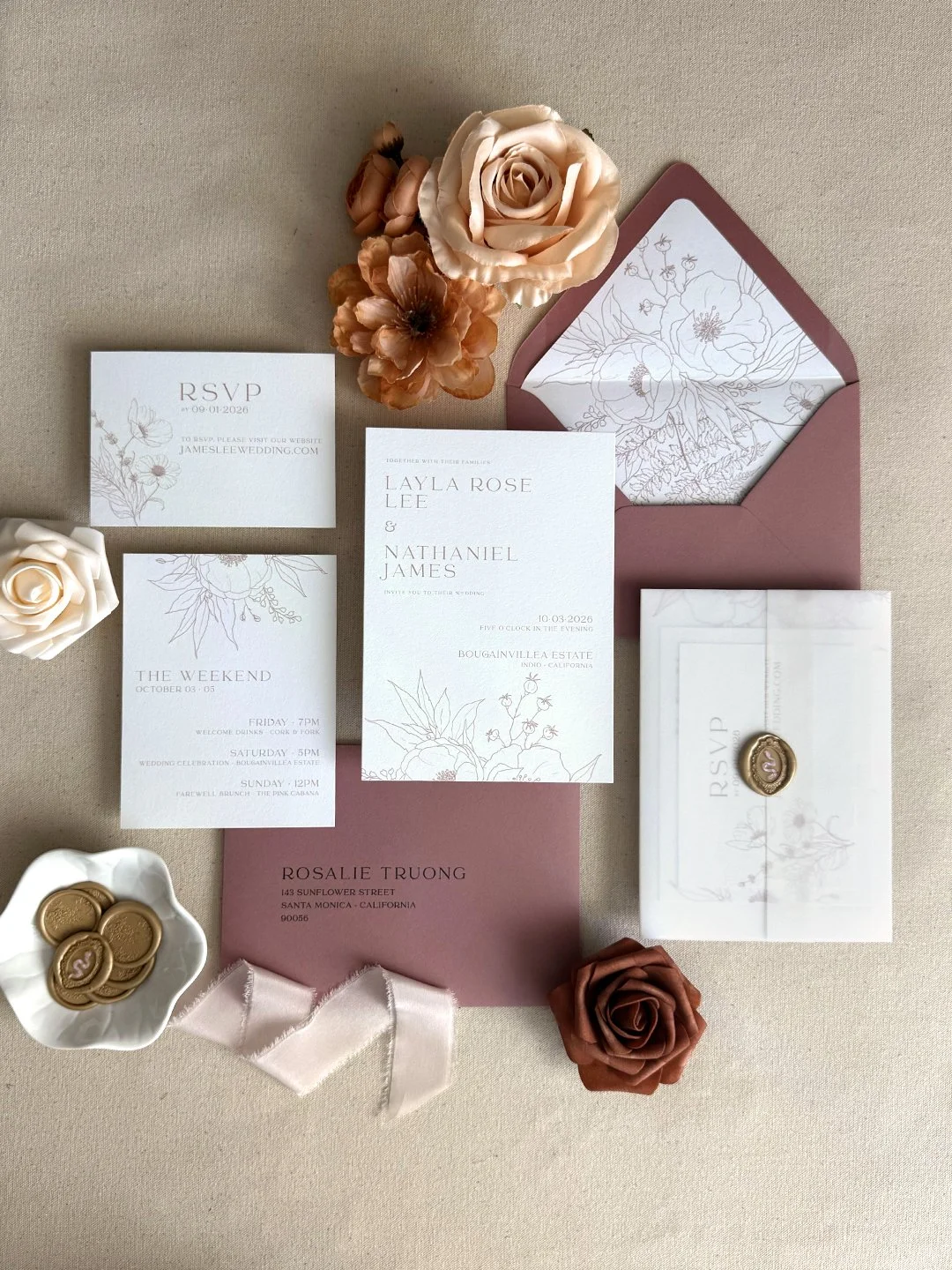 wedding invitation package-vellum sleeve-gold wax seal_digital-letterpress-foil stamp printing_Summer_Boho Wildflower Illustrations Invitations_rose-cotton_01.jpg