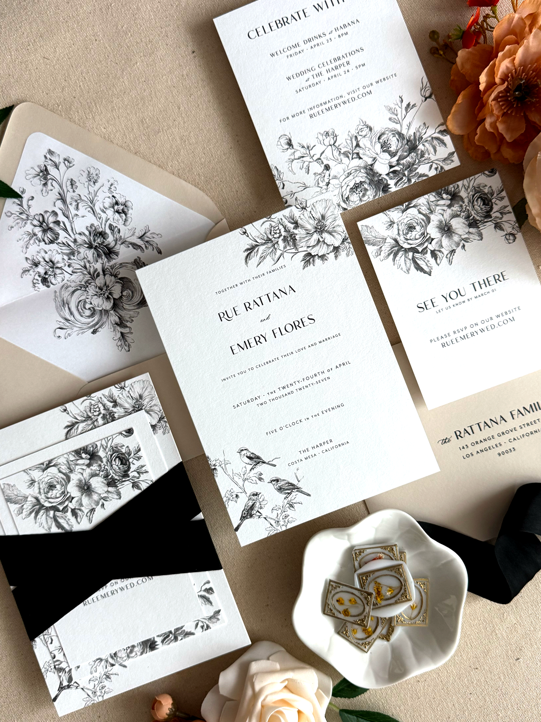 mia_ornate florals and birds wedding invitations_mist-ebony-smooth_invitation suite-black ribbon_03.png