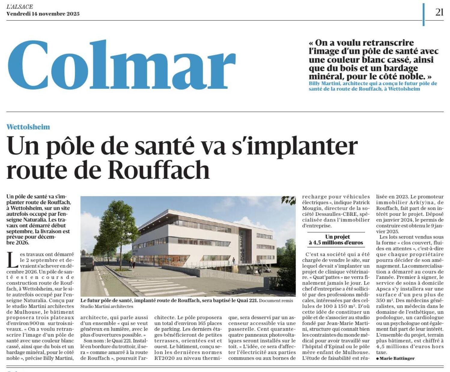 Merci au DNA/L'Alsace et particuli&egrave;rement Marie Battinger pour ce sympathique article autour du futur p&ocirc;le de sant&eacute; QUAI 221, actuellement en construction route de Rouffach &agrave; Wettolsheim.