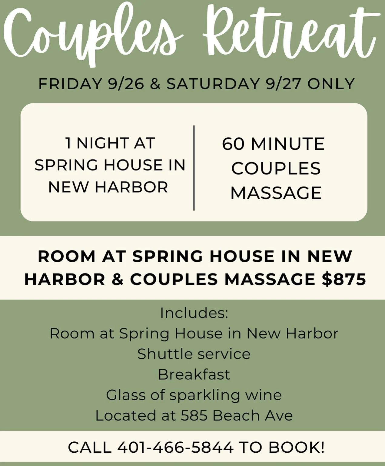 You, Boo and a getaway for two! 

Join us for a couples retreat on the island this Friday and Saturday. Weather looks good, massages look even better!