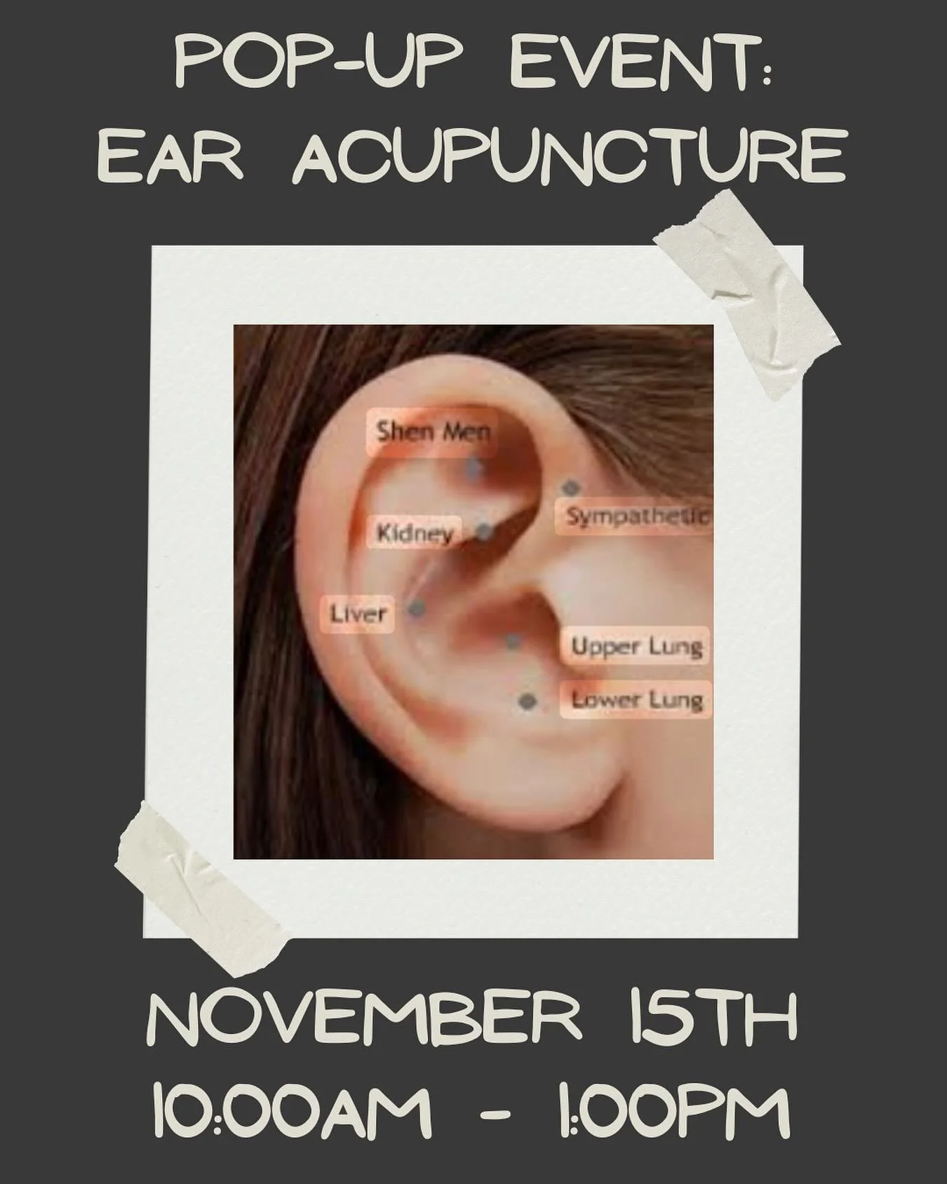 Ear ye, ear ye! We&rsquo;ve got a great pop-up this Saturday🎉

Ear Acupuncture! Erin Ruell is offering 30 minute sessions on Sat 11/15. Some benefits: reduce stress and anxiety, improve sleep, balance hormones and relieve pain. Online booking availa