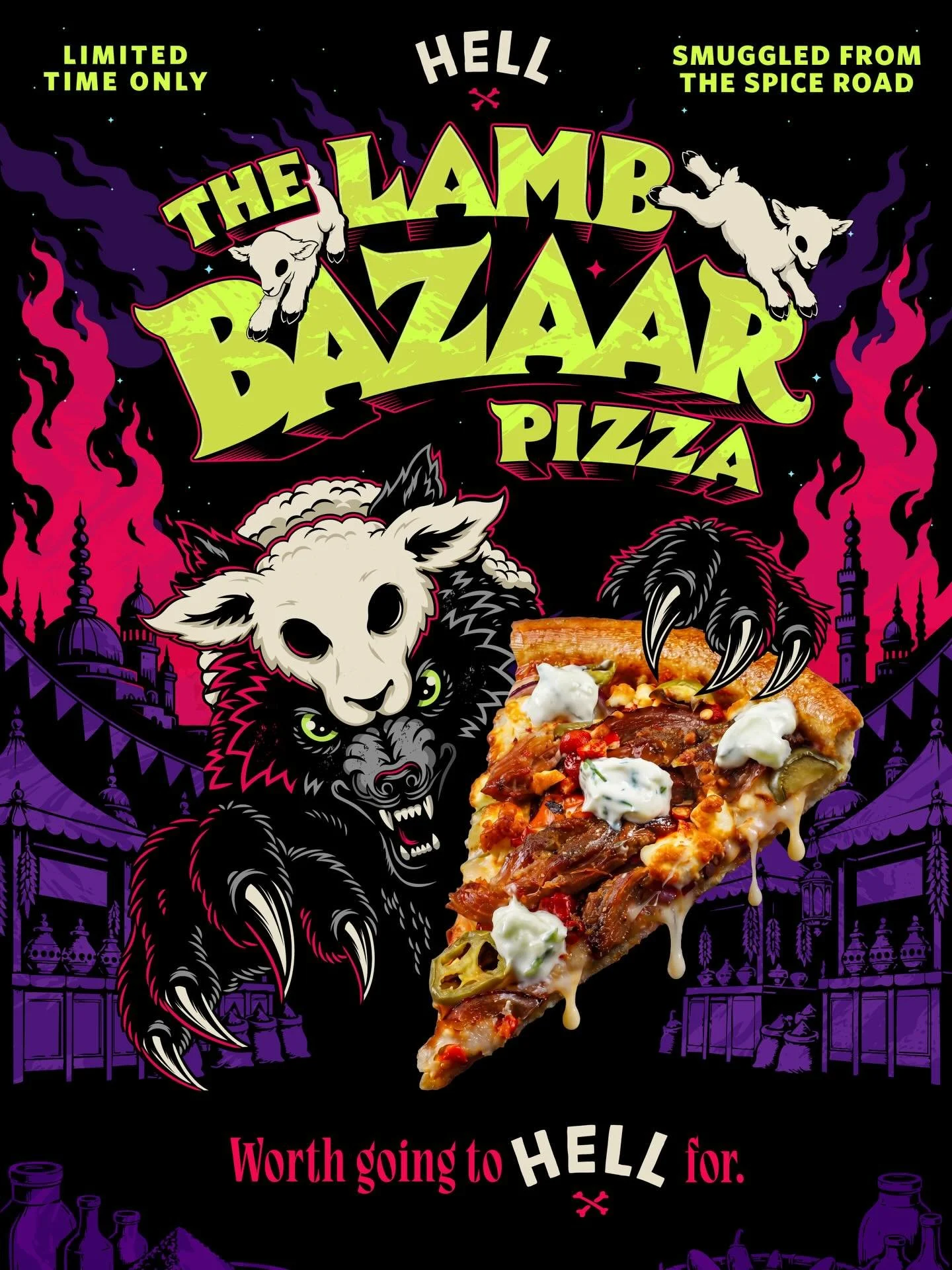 Our latest illustration for @hellpizza the &lsquo;Lamb Bazzar Pizza&rsquo; is now out in the wild. Keep an eye out next time you&rsquo;re grabbing a pizza 🍕