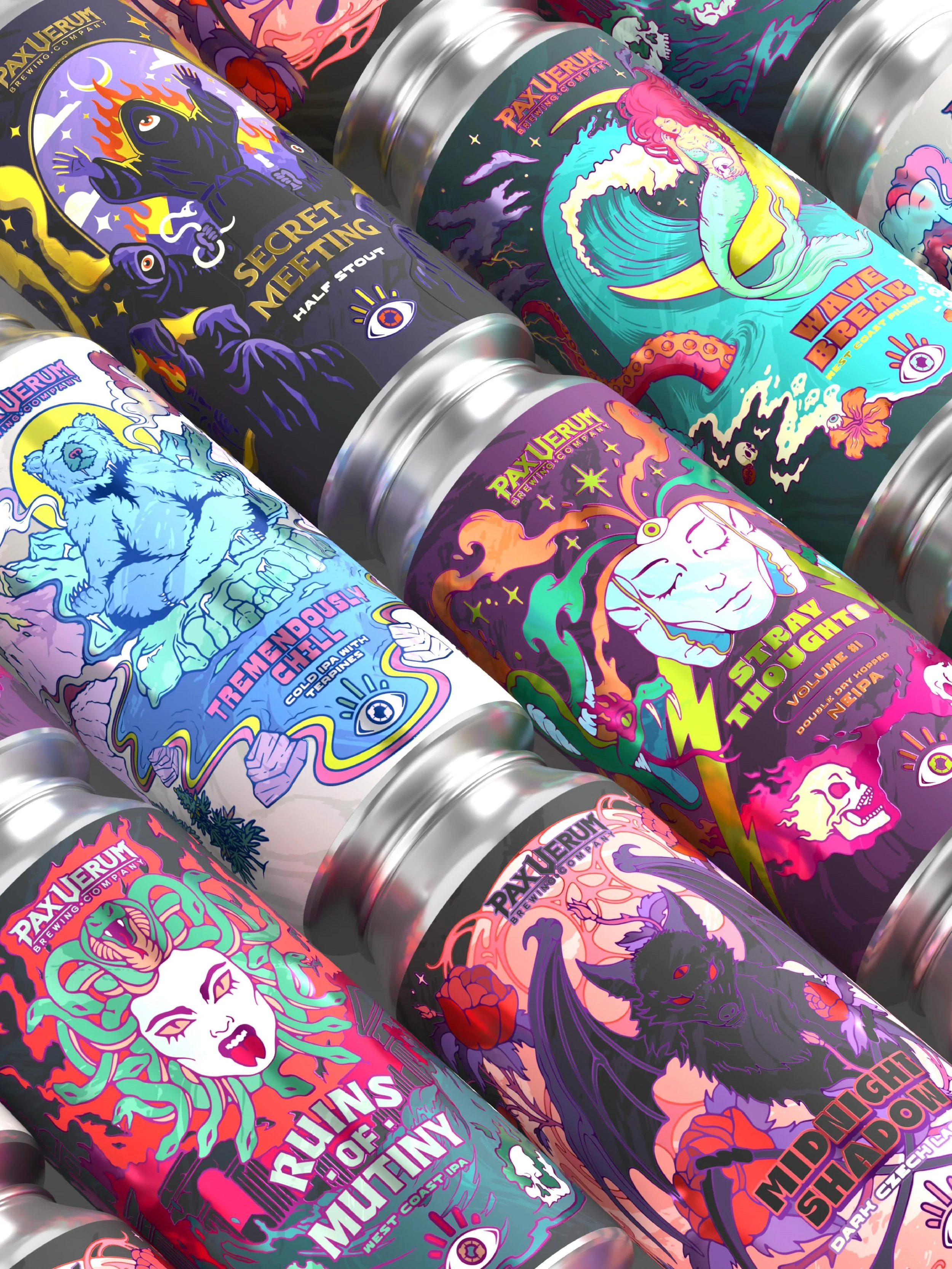 Beyond the ordinary lies @paxverum brewery. Representing Indiana, USA, the brewery has become a destination for intrigue, known for their lagers, hazy pours and West Coast hoppy beers.

We created a series of illustrated artworks that reflect the bre