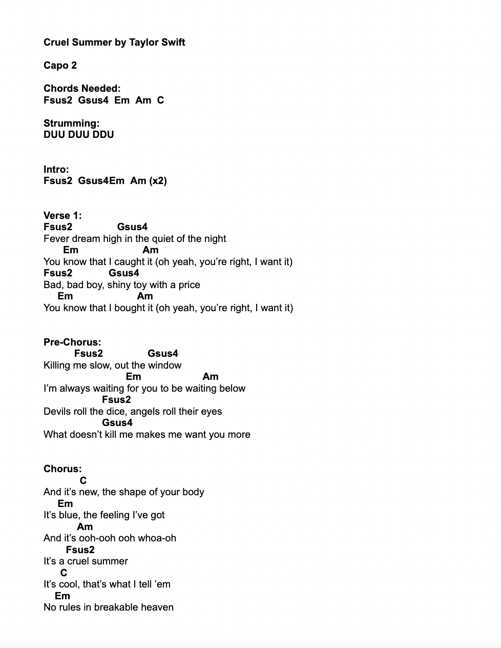 Cruel Summer Chords, PDF