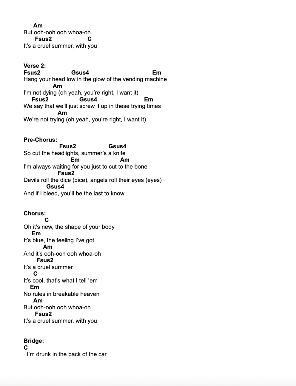 Cruel Summer Chords, PDF