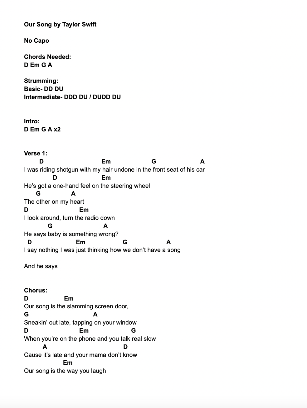 song guitar chords and lyrics