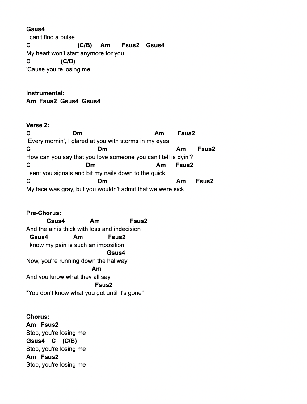 Can't Stand Losing You - Guitar Chords/Lyrics