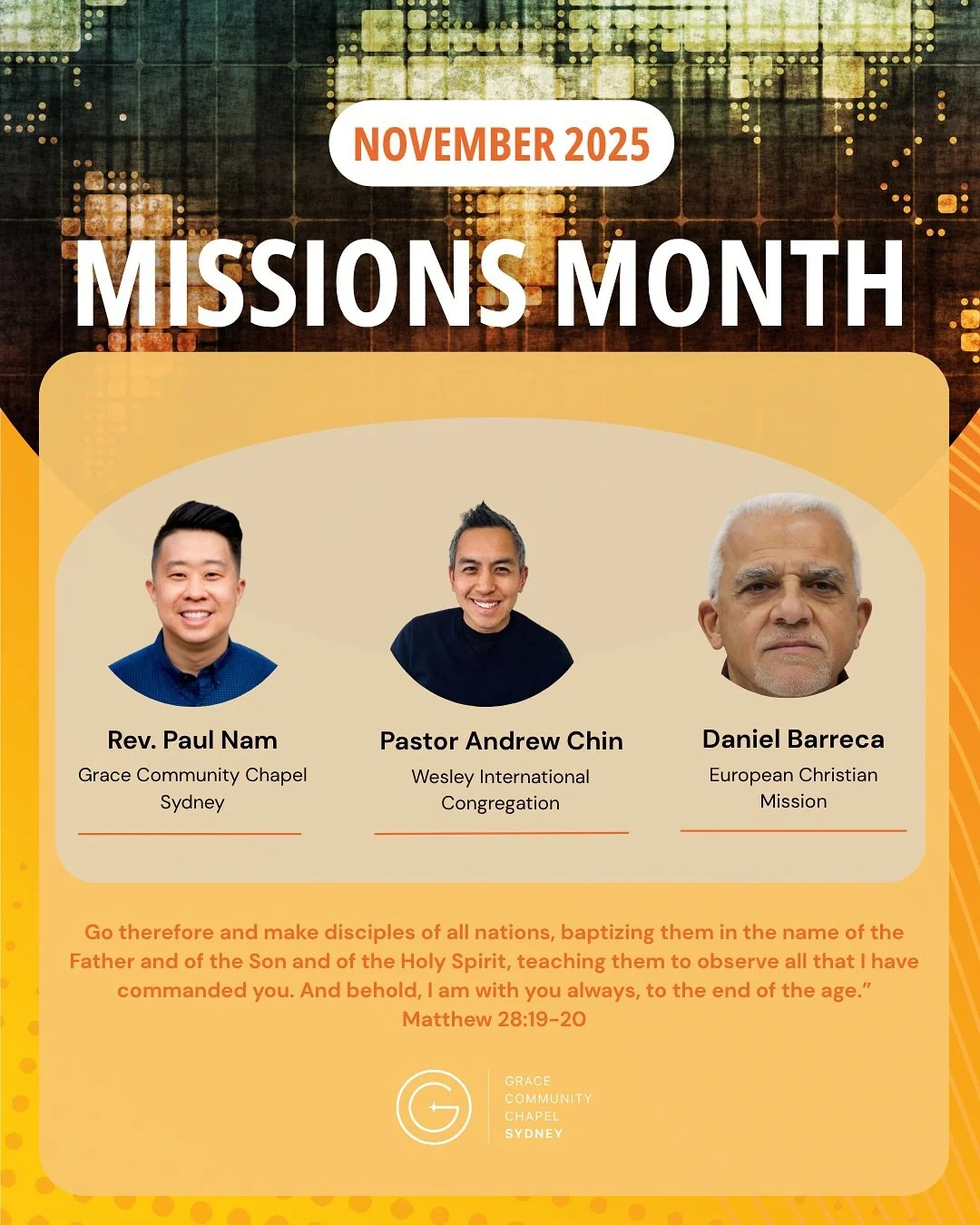 Happy Missions Month, GCC! May our hearts grow for global missions as we hear of the Lord's heart for the nations through our line-up of speakers.

Join us every Sunday at 11:00AM!

#gccsydney