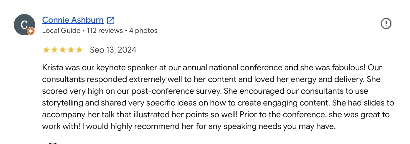 Five-star Google review from Connie Ashburn, September 2024: Krista was the keynote speaker at a national conference and scored very high on the post-conference survey