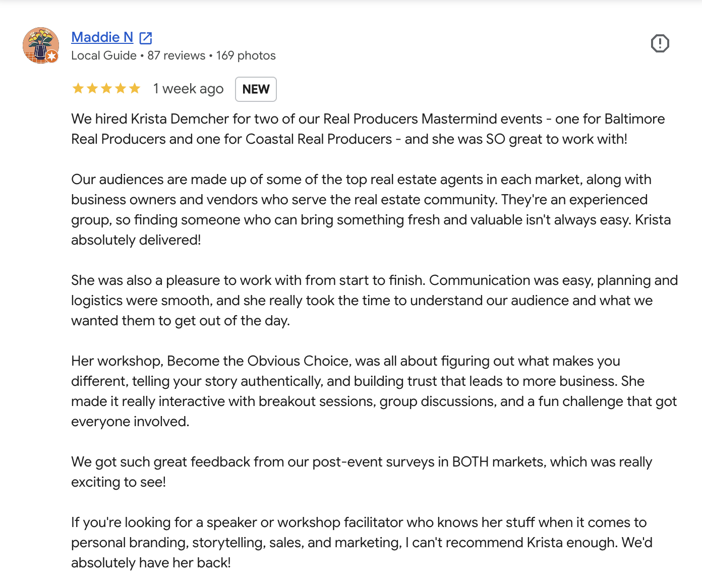 Five-star Google review from Maddie N, who hired Krista for two Real Producers Mastermind events and praises her communication, interactive workshop and strong post-event survey feedback