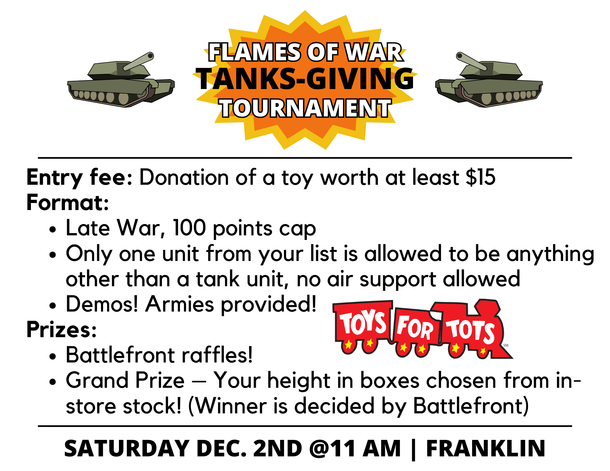 Tanks-Giving 2023 - Toys for Tots — Game Universe