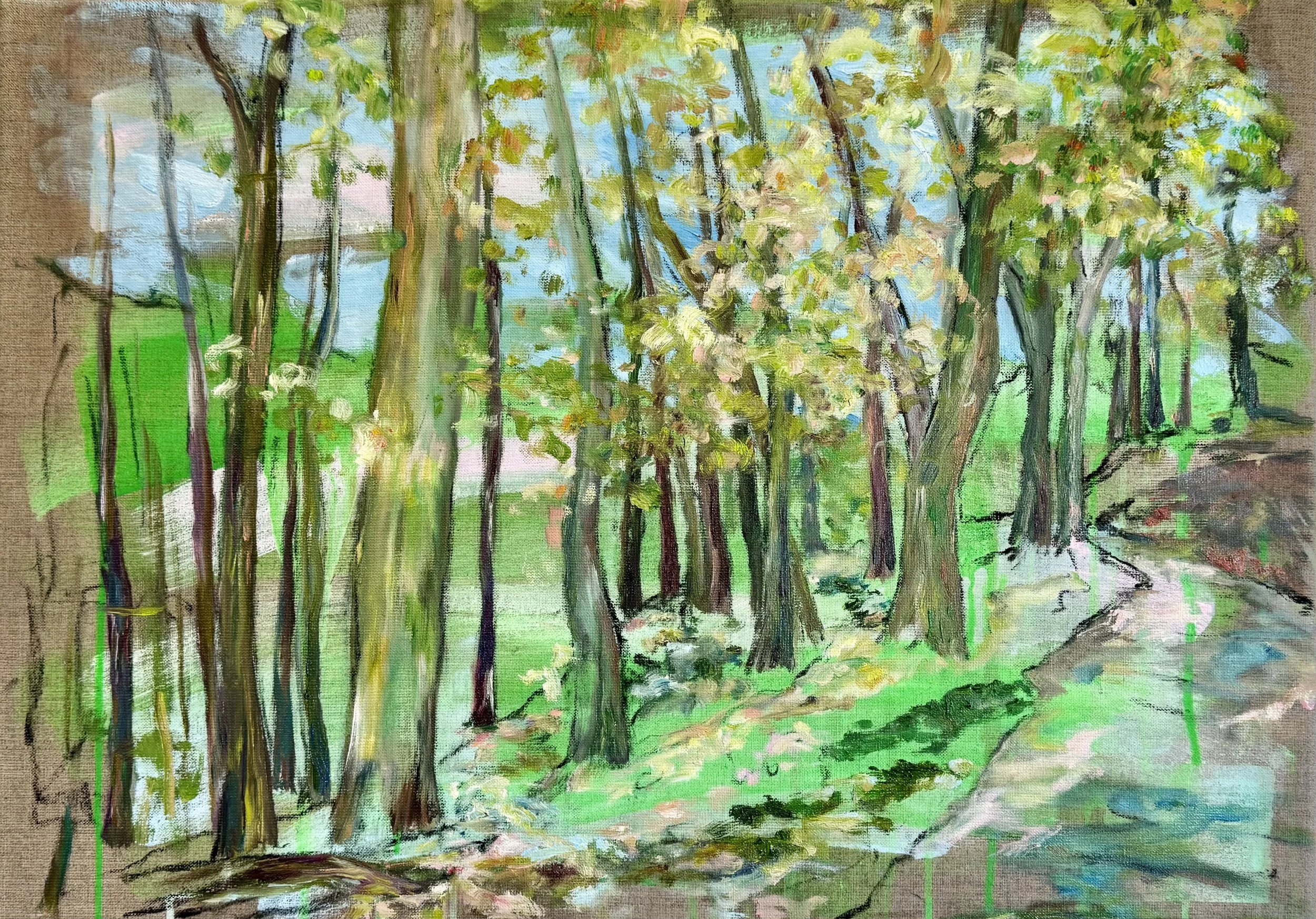 Im Grünen - Maiwald, 2025, Kohle, Acryl, Öl auf Leinwand, 50 x 70cm