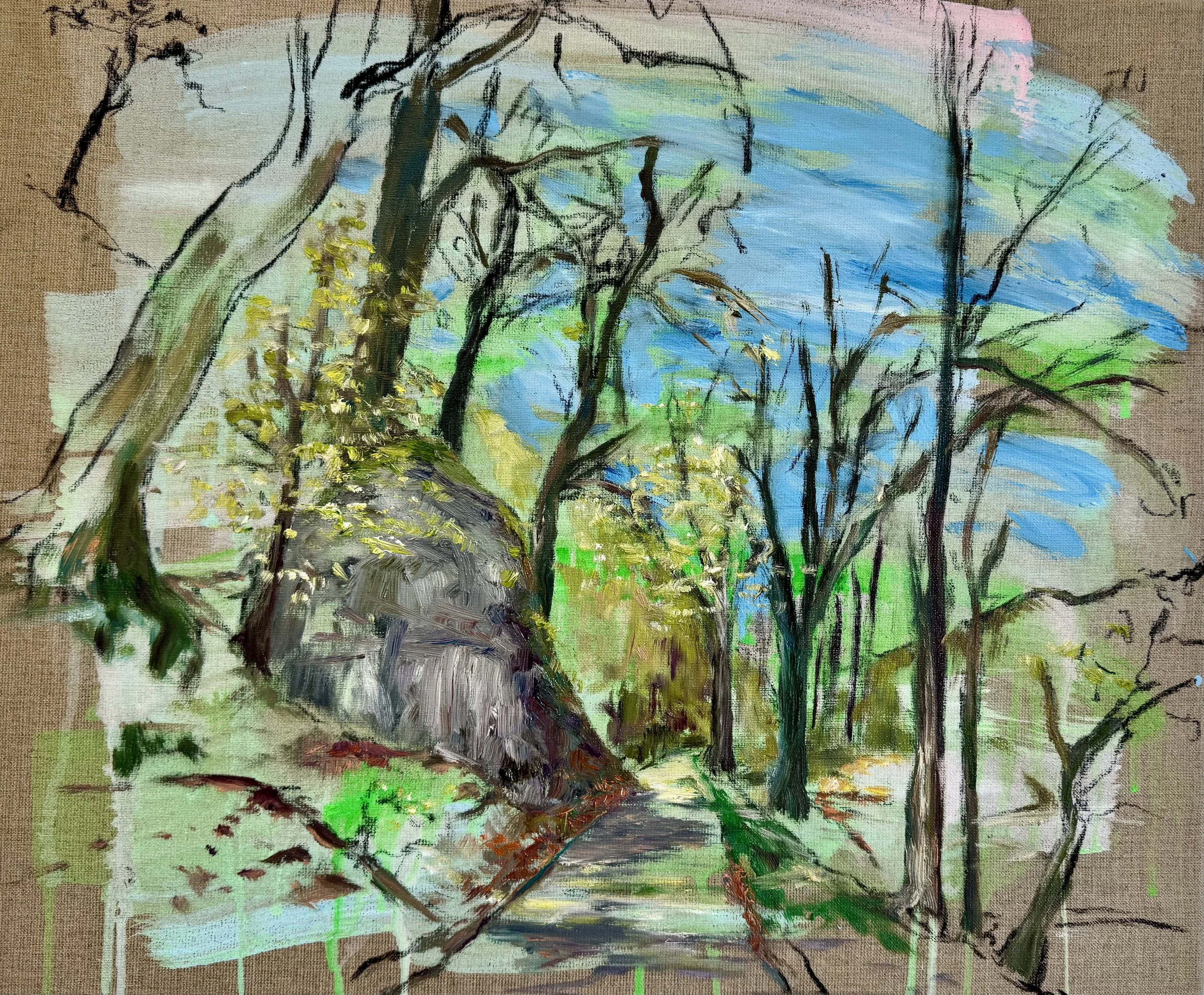 Im Grünen - Rauenthal, 2025, Kohle, Acryl, Öl auf Leinwand, 50 x 60 cm