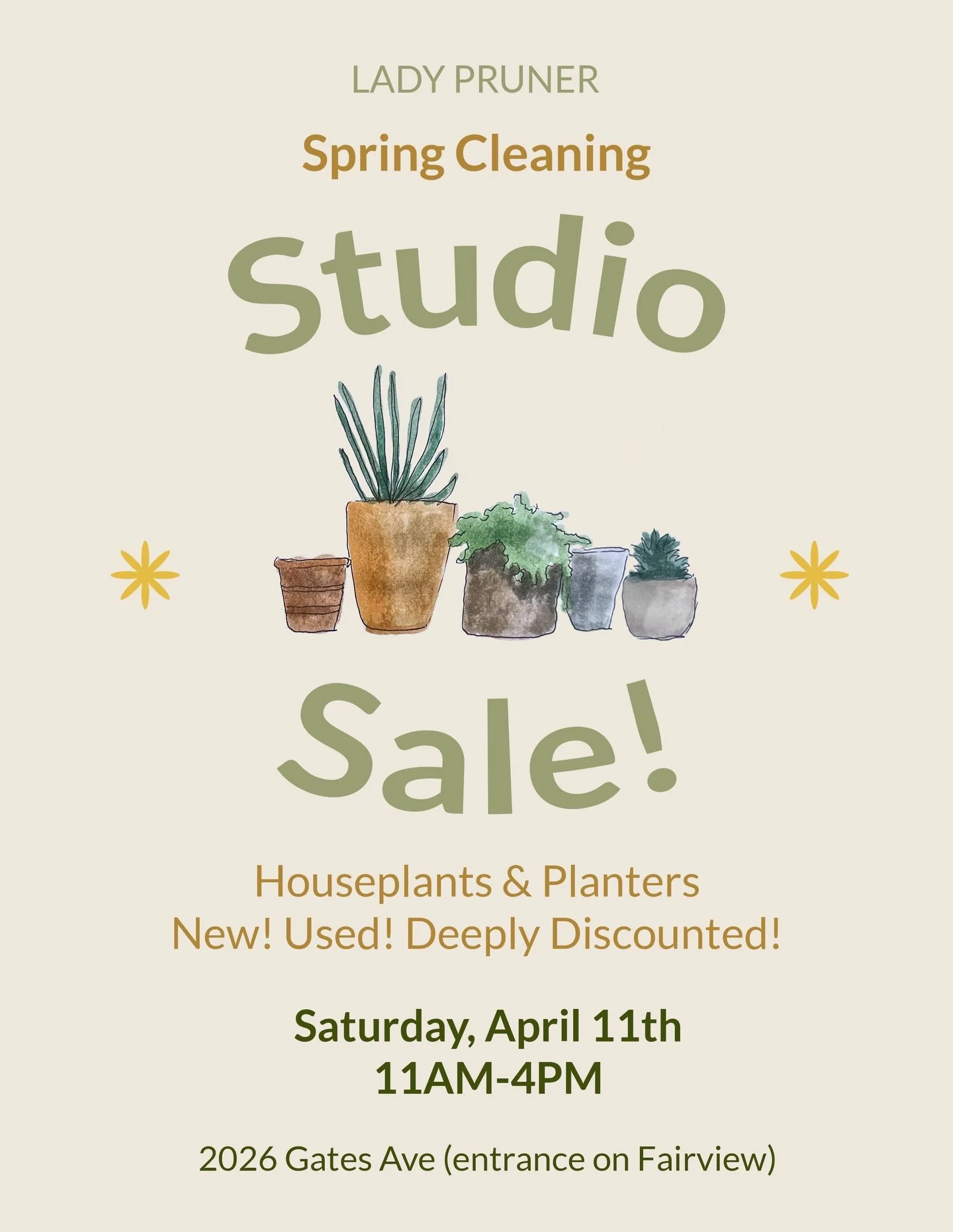 It&rsquo;s officially spring and we&rsquo;re cleaning out some space in the studio. We'll have a selection of houseplants and planters for sale: new, used, discounted, and free finds. Our doors will be open this Saturday 4/11 between 11AM&ndash;4PM. 