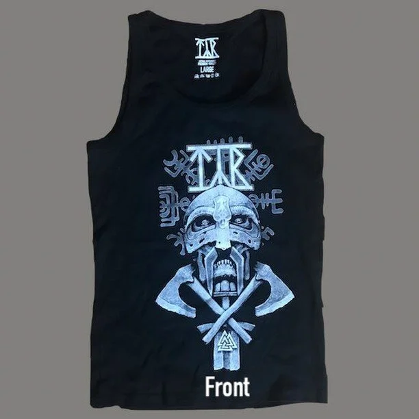 On the front - Axes Crossed on the chest of a Dead Warrior, laid to rest on a Vegv&iacute;sir background.
And on the back - Garmr the Wolf barking from behind the bars of the Valkn&uacute;tr.

Get your T&yacute;r Skull girlie tanktop, in S, M &amp; L