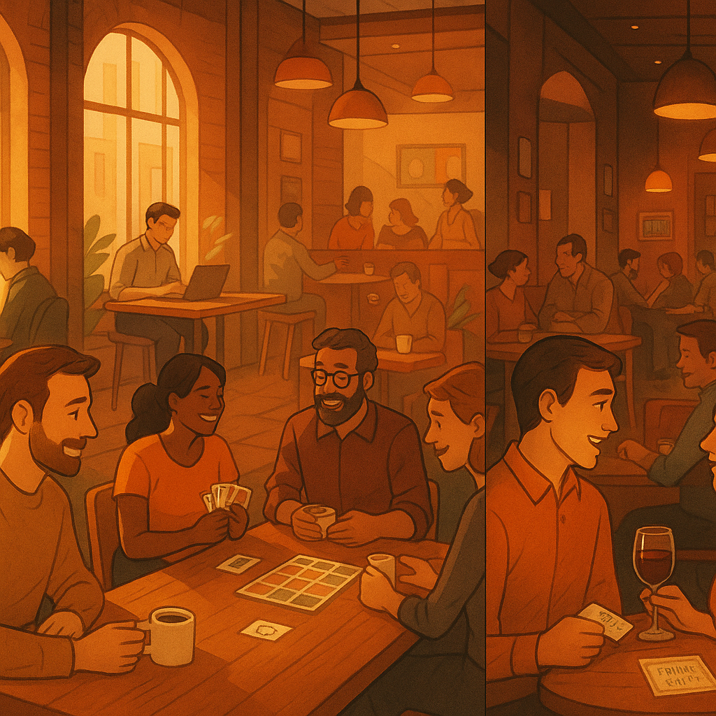 People playing board games and socializing at a cozy, warmly lit cafe.
