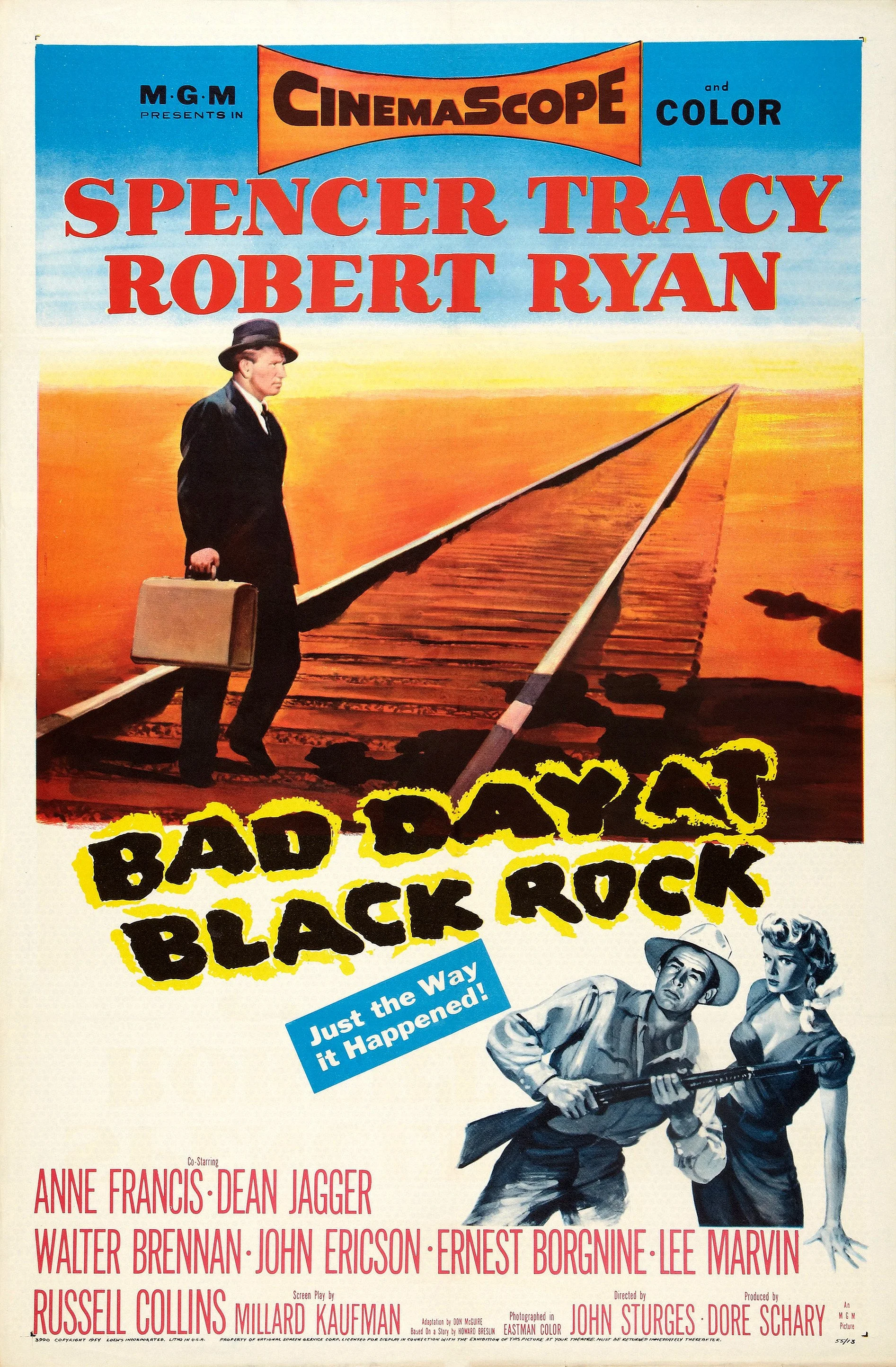 BAD DAY AT BLACK ROCK (dir by John Sturges, w/Spencer Tracy, Robert Ryan, Lee Marvin, Walter Brennan, MGM, 80mns,&nbsp;1955)