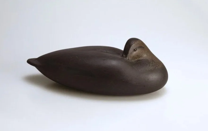 Outstanding Sleeping Black Duck Decoy by Charles "Shang" Wheeler (1872-1949), Stratford, CT, c. 1940