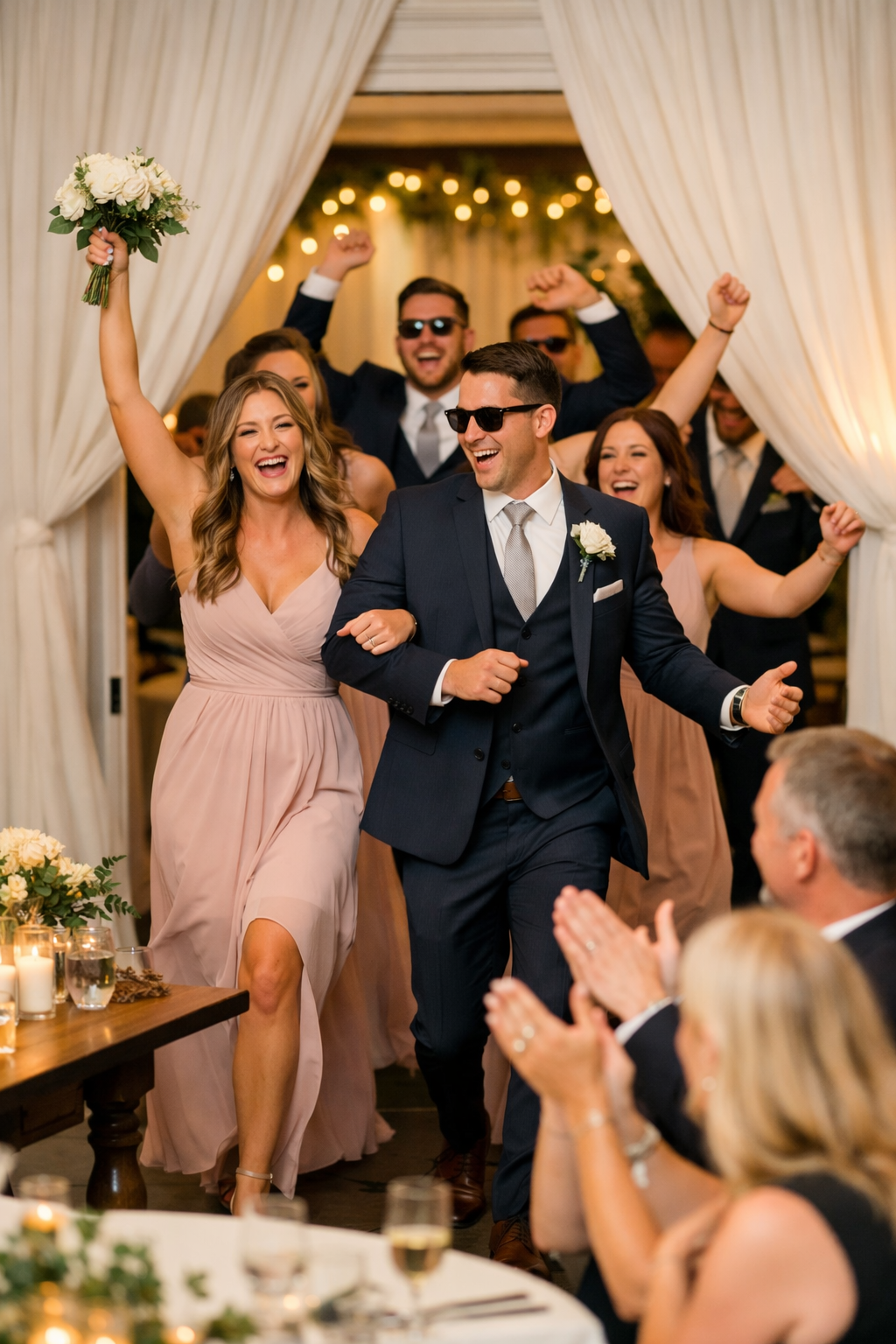 Wedding party entrance at a reception with bridal party celebrating and guests cheering as the music begins
