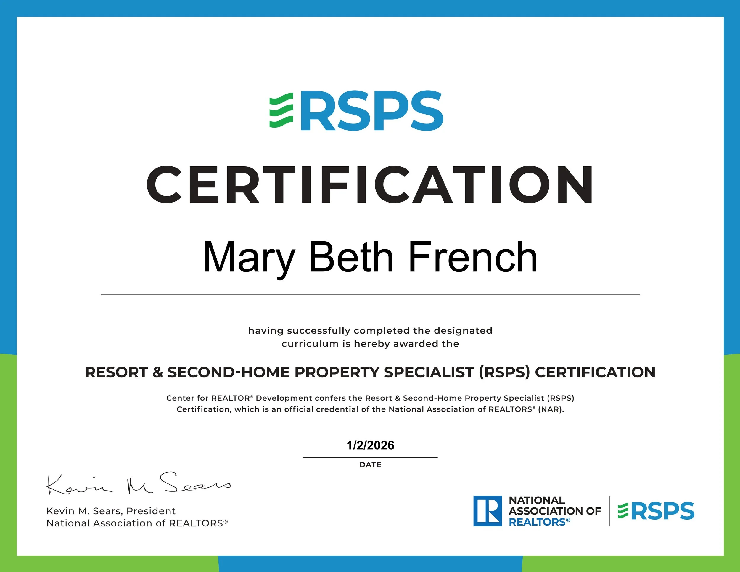 Mary Beth French Earns RSPS Certification: Expertise for Resort &amp; Second-Home Properties