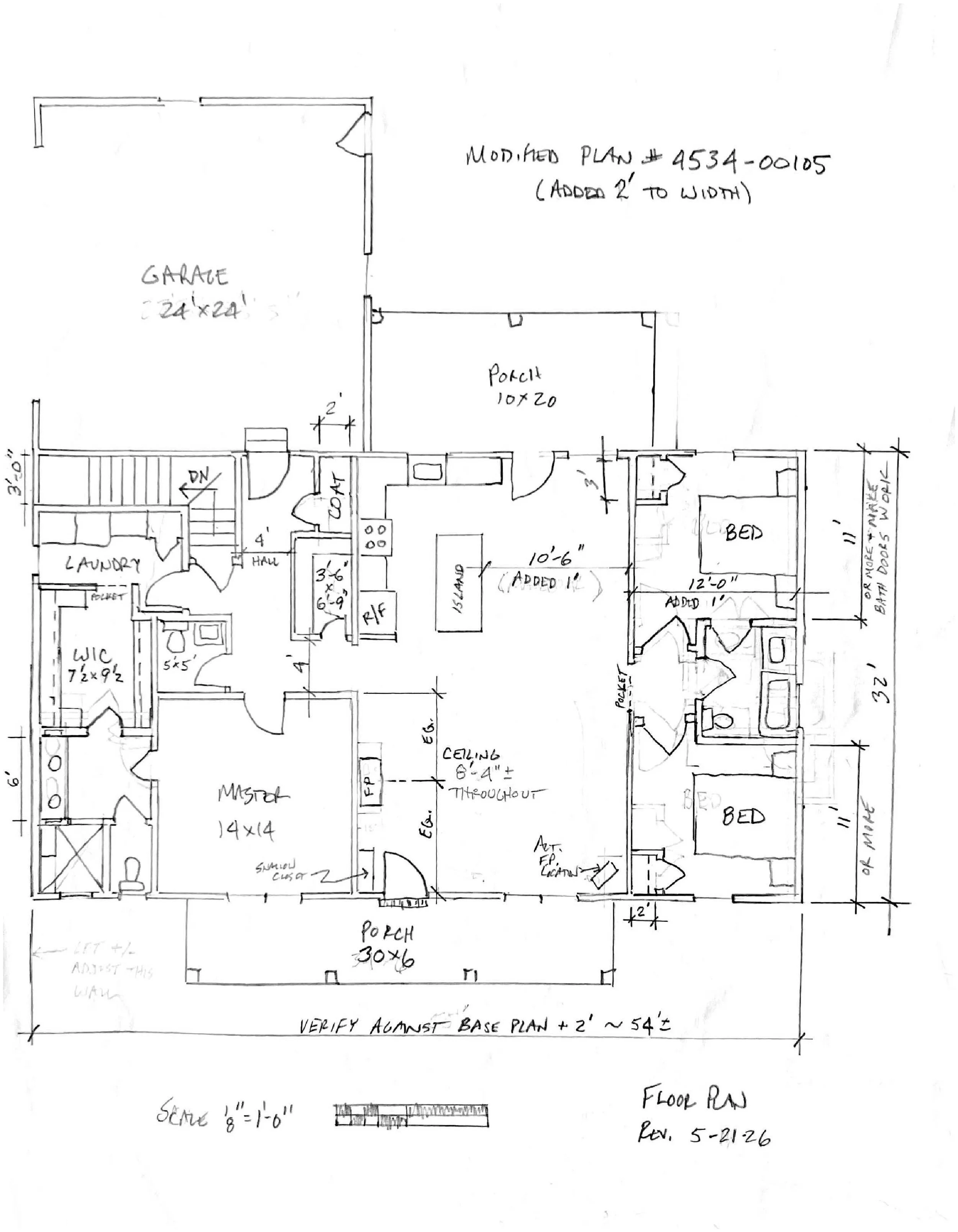 Hand-drawn architectural floor plan of a house, including rooms such as garage, laundry, master bedroom, and additional bedrooms, with dimensions and annotations for modifications, porch, and other features.