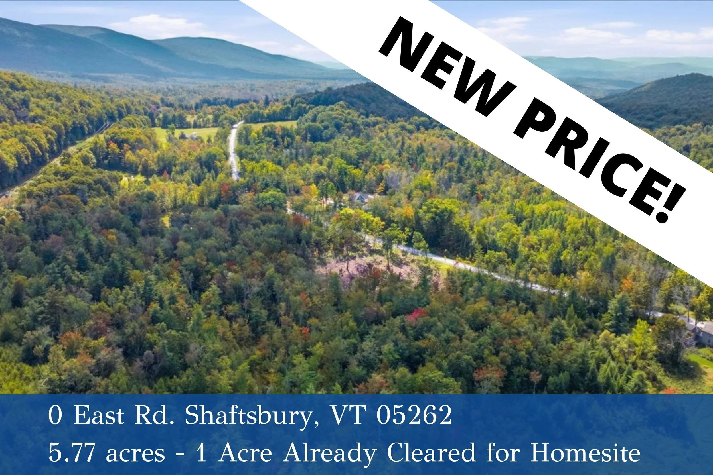 Aerial view of a forested landscape with mountains in the background. There is a white banner diagonally across the image with the text 'NEW PRICE!' in bold black letters. At the bottom, there is a blue section with white text providing location and property details.