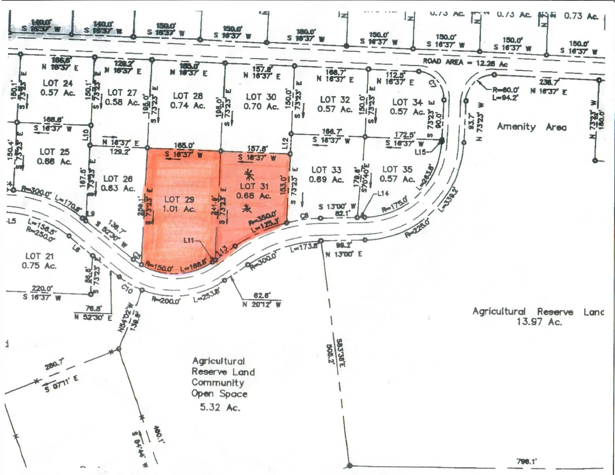 A detailed plot map of land parcels with lot numbers, sizes in acres, and measurement details for a residential area. One section of land is shaded in red, including lots 28, 29, 30, 31, and 33.