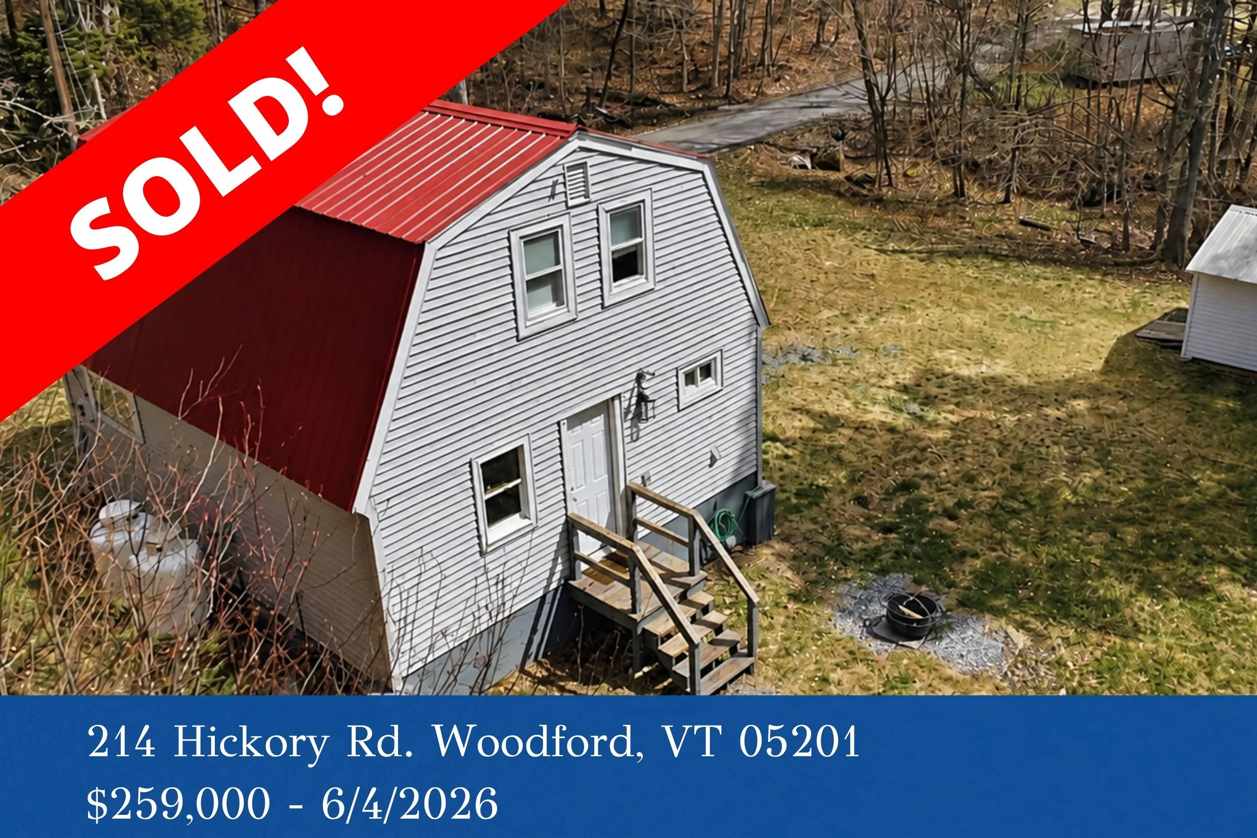 Image showing a house with a red metal roof, surrounded by trees and a backyard, with a sale overlay and property details.