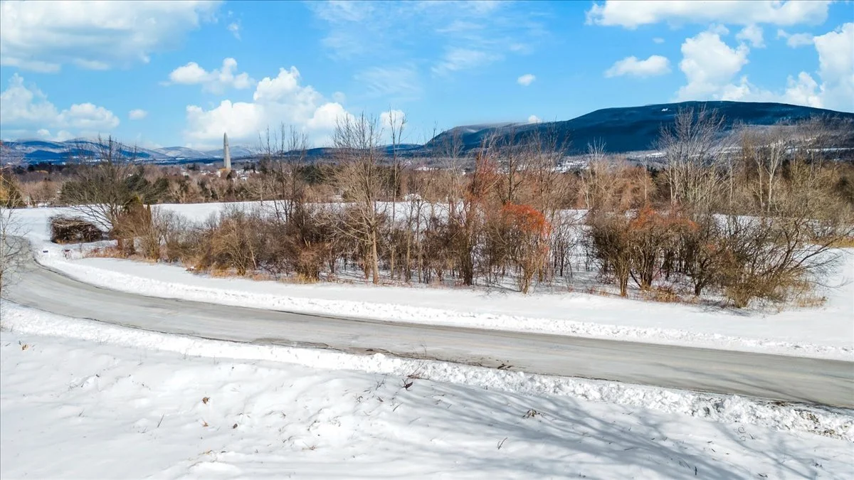 Snow-covered landscape with a winding icy road, leafless trees, a distant monument or tower, and mountains under a partly cloudy sky.