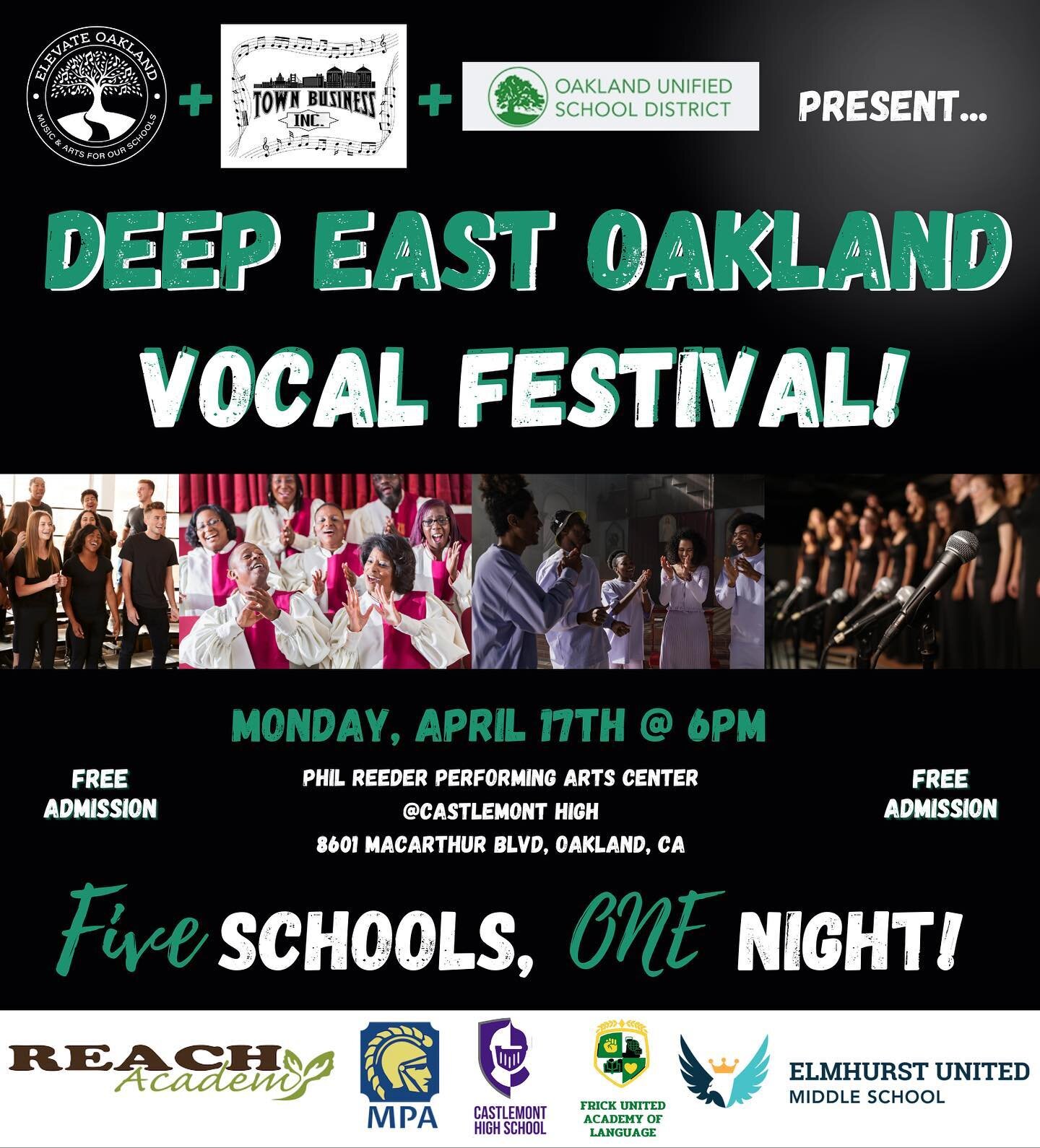 NEXT MONDAY! Come one, come all for a vocal music extravaganza in partnership with @ousd_arts and @keenanfoster13 of Town Business Inc. 🎤 The Deep East Oakland Festival is a culminating celebration of the beginnings of the revival of choral music pr