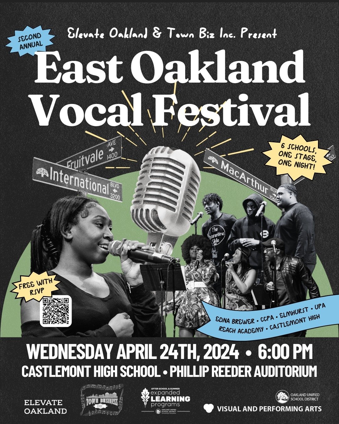 ONE night, ONE stage, 100+ students, 6 schools! ✨🎤 Save the date and RSVP for the 2nd Annual East Oakland Vocal Festival, taking place at Castlemont High School on Wednesday, April 24th at 6pm 🎶 

Join us for an unforgettable evening celebrating mo