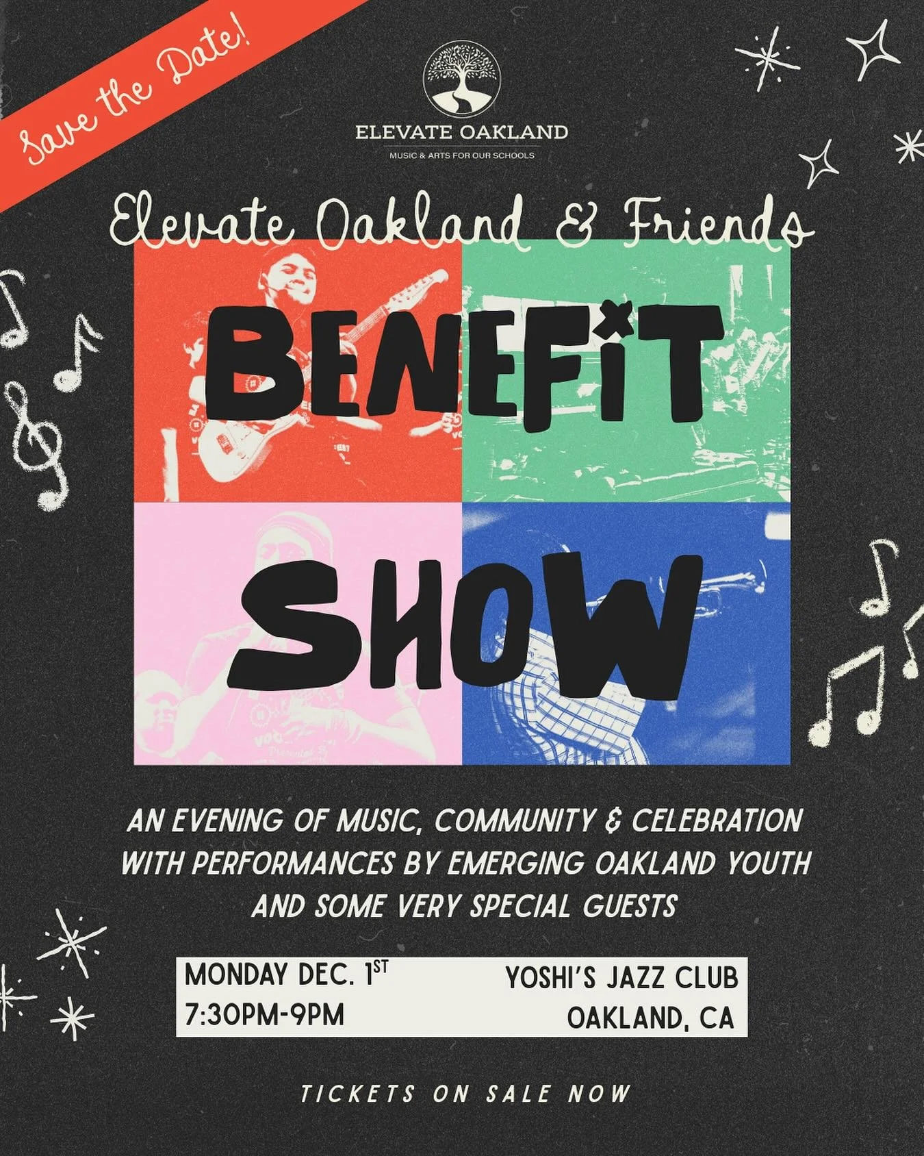 SAVE THE DATE! 💌 Join us at @yoshis_oak on December 1st for the Elevate Oakland & Friends BENEFIT SHOW—an evening of music, celebration and community featuring a medley of performances from our program youth along with some very special gu