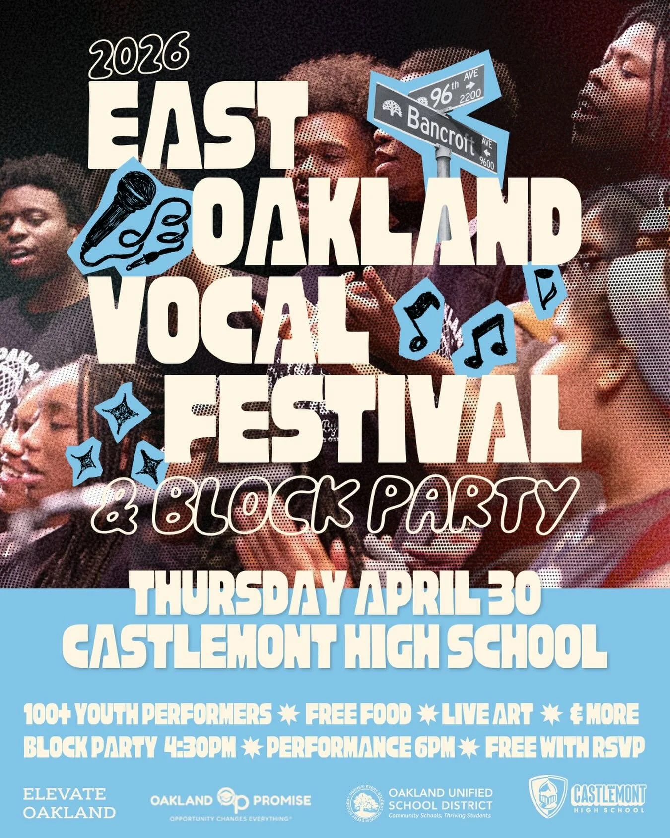 MARK YOUR CALENDARS! 🌹🪩🎤 The East Oakland Vocal Festival &amp; Block Party presented in partnership with @ousdnews and @oaklandpromise returns for its 4th year (!!) at @castlemonthigh on Thursday April 30th. 

🎶✨ Join us for an opening celebratio