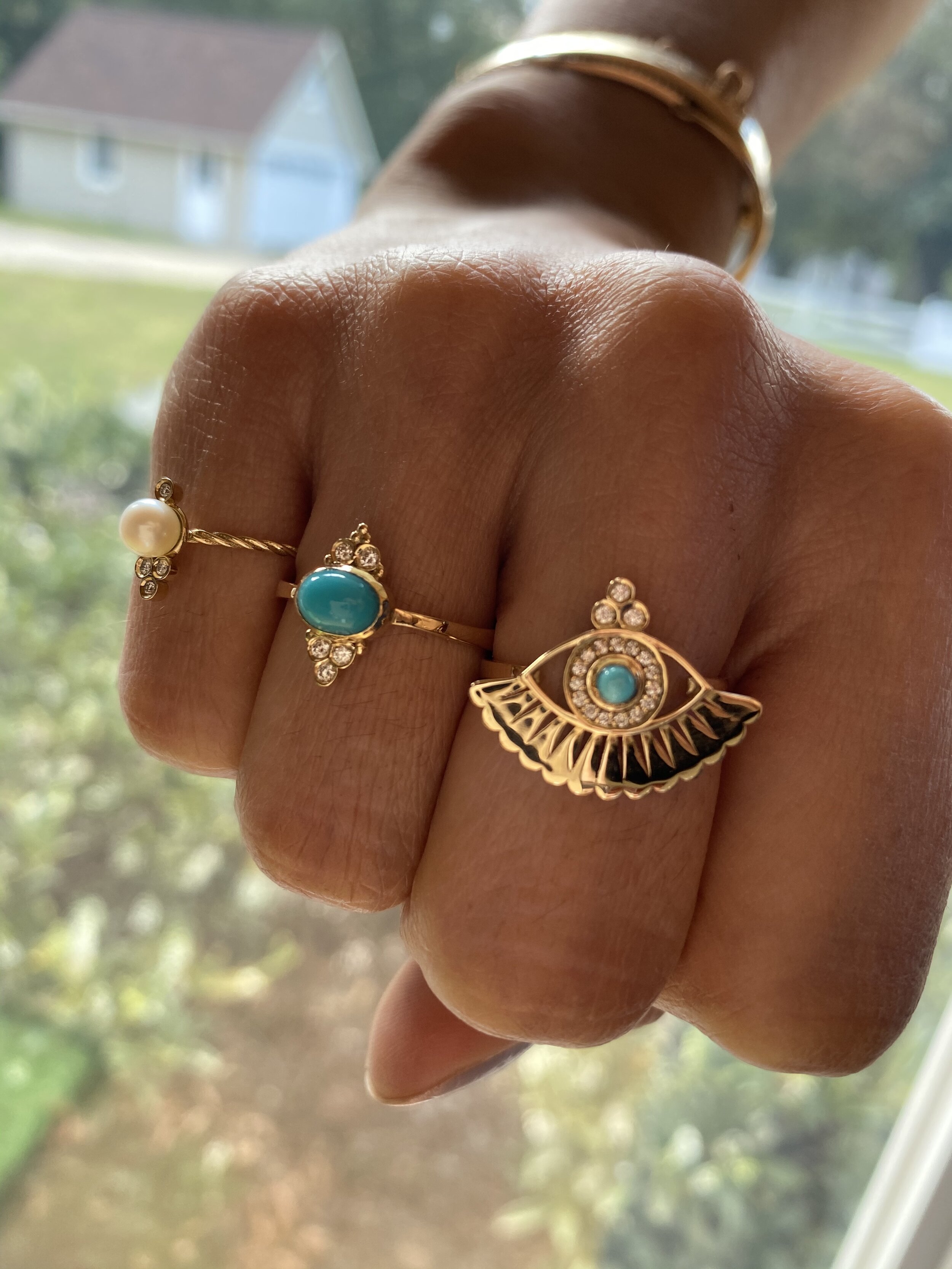 OWN Your Story 14K Yellow Gold, Diamond & Turquoise Evil Eye Lower Lashes Ring, $995To view OWN Your Story’s Turquoise cabochon ring for $695, click hereTo view OWN Your Story’s Pearl Ring for $350, click here