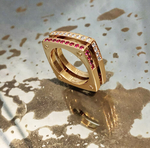 Matthia’s &amp; Claire 18K Gold, Diamond and Ruby Double Cube Ring, $6,895