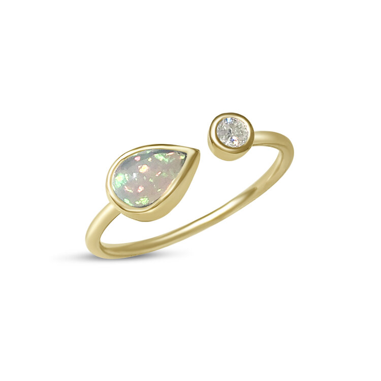 Atelier All Day 14K Opal Jewelry : Pear Shaped Opal Adjustable Ring with Diamond Solitaire $595