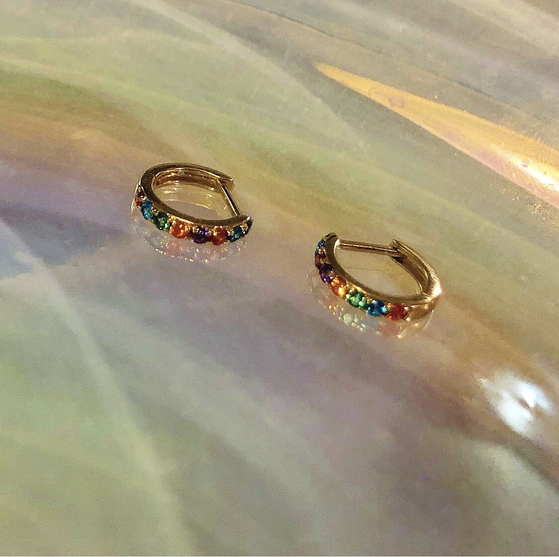 Atelier All Day Rainbow Crystal CZ and 14K Real Gold Huggie Hoops $275