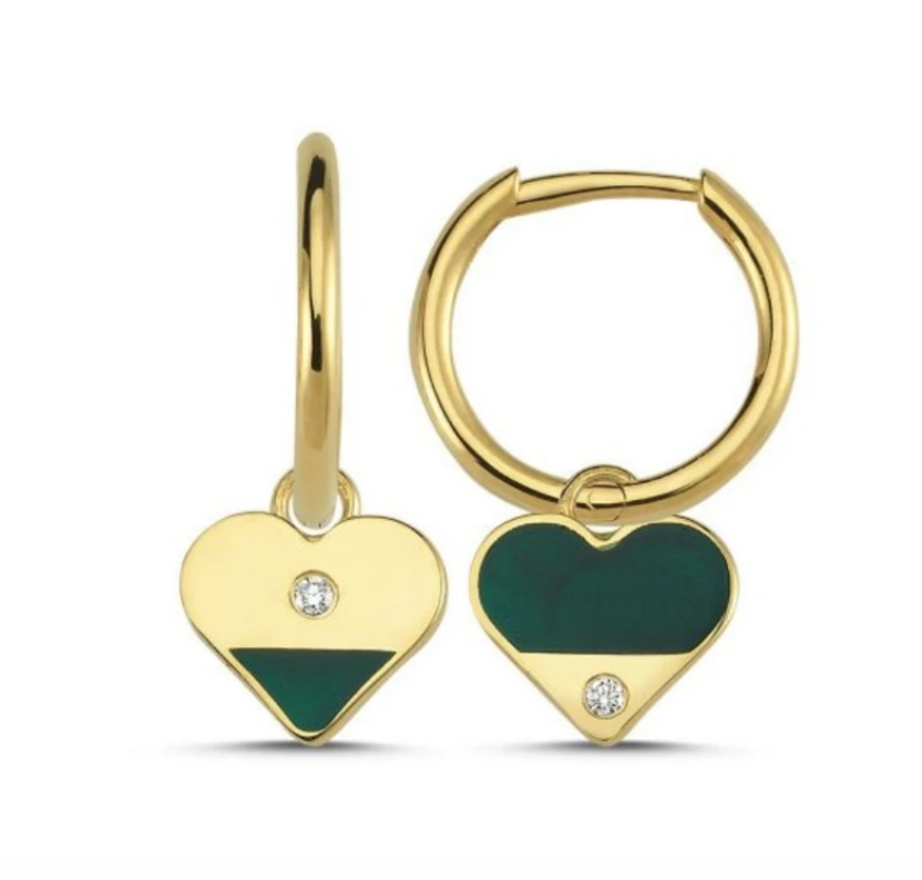 OWN Your Story Diamond and Green Enamel Heart Charms with 14K Real Gold Huggie Hoops $750
