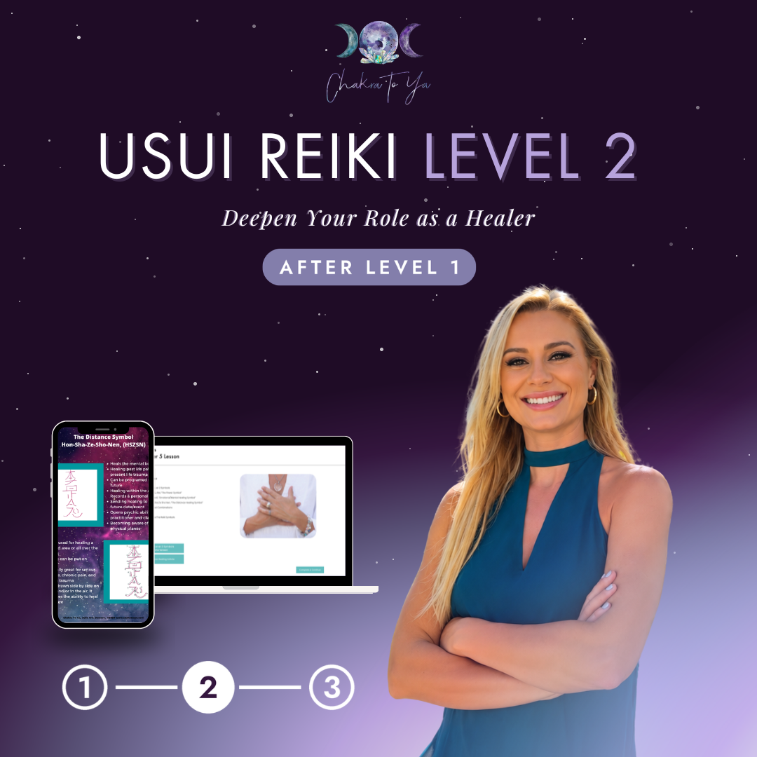Usui Reiki Level 2 online certification course with Julie Ann Dawson, showing the Reiki distance symbol lesson on phone and laptop