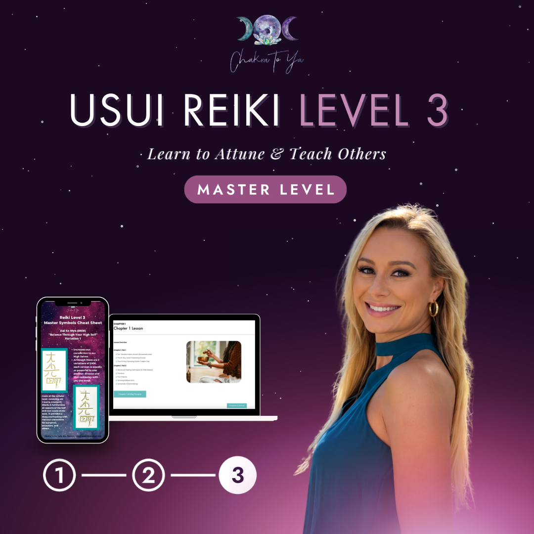 Usui Reiki Level 3 Master Teacher online certification with Julie Ann Dawson, showing the master symbols cheat sheet on phone and laptop