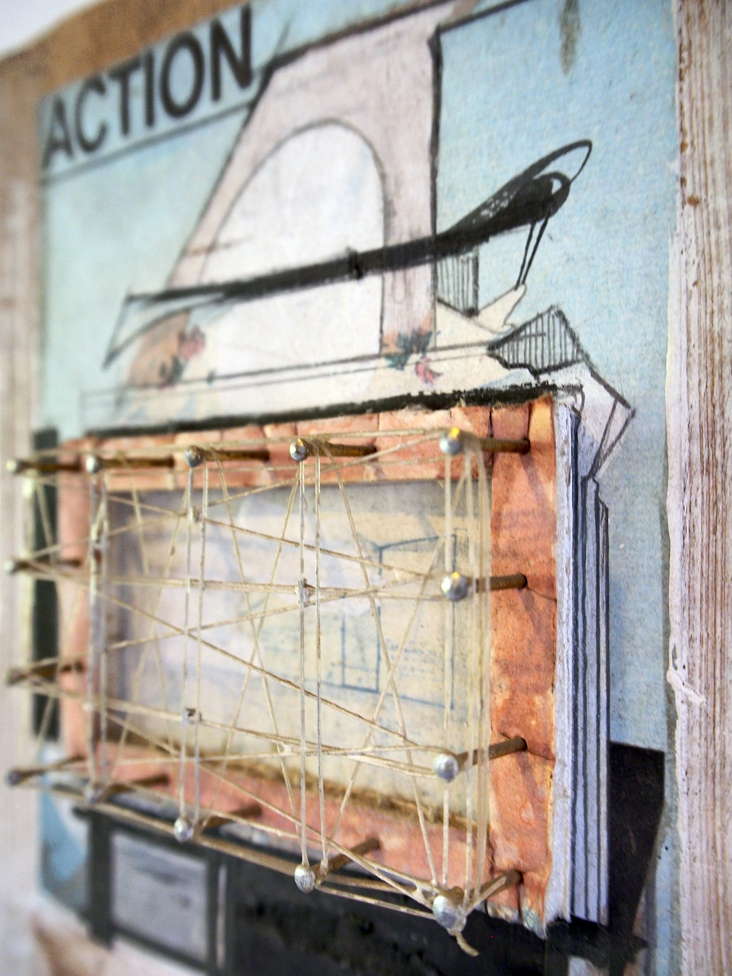 "Action" (Detail)  |  5" x 7"  |  Wood, String, Nails, Digital Print Collage, Acrylic Paint, Pen  |  2016  (SOLD)