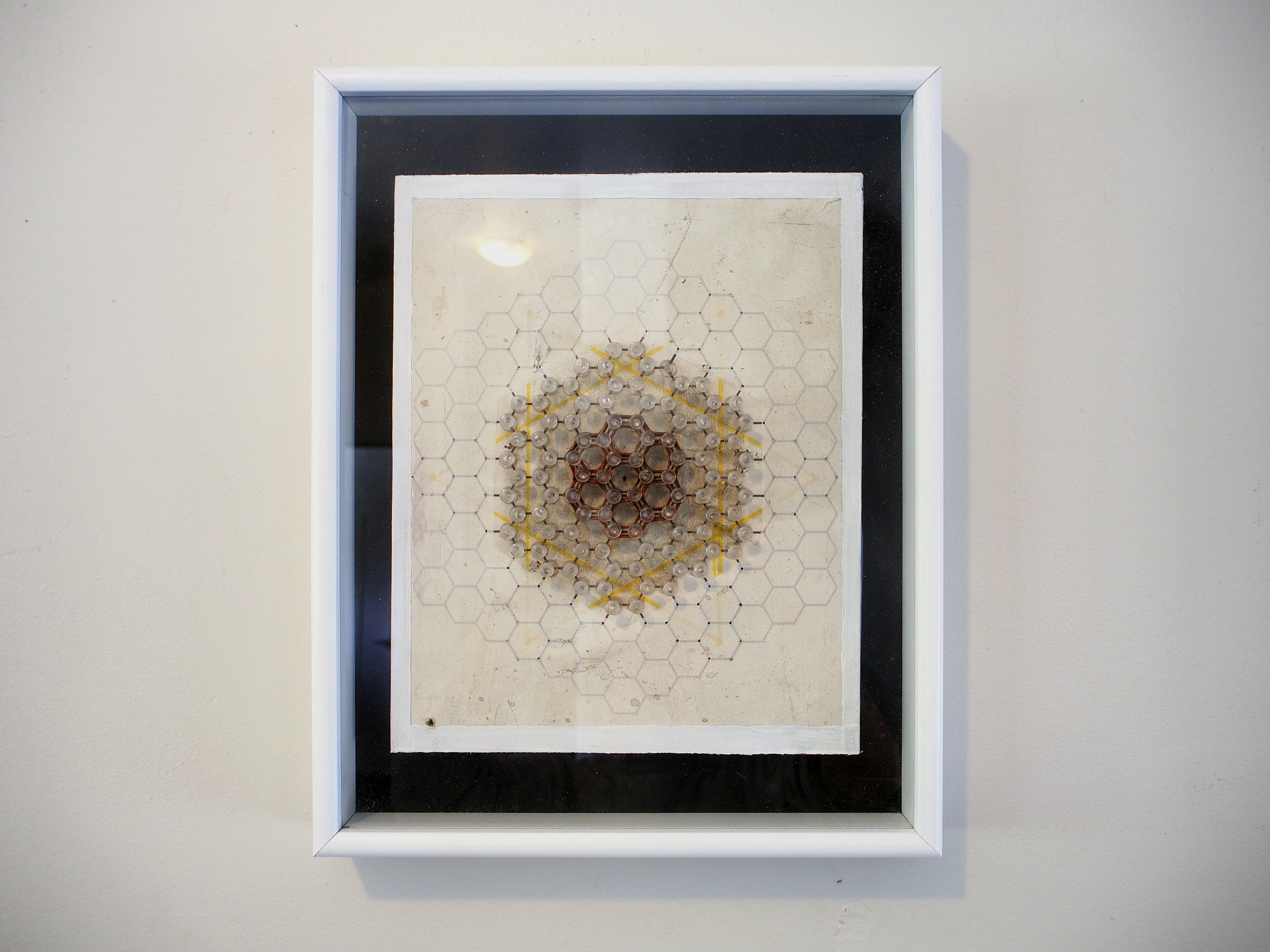 "Hive"  |  12" x 17"  |  Wood, Tacks, Wire, Nails, Digital Print Collage, Acrylic Paint  |  2012  (SOLD)