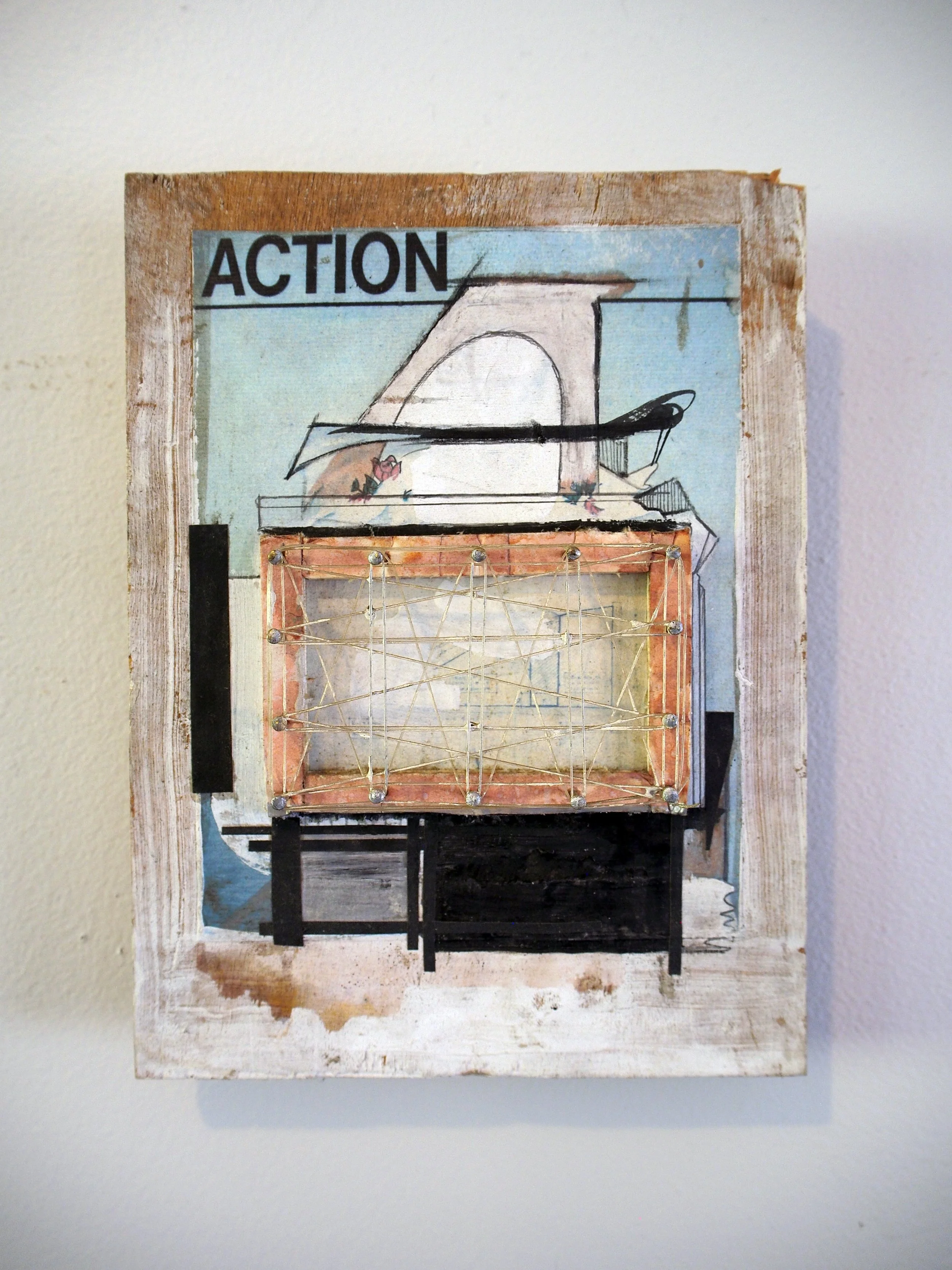 "Action"  |  5" x 7"  |  Wood, String, Nails, Digital Print Collage, Acrylic Paint, Pen  |  2016  (SOLD)